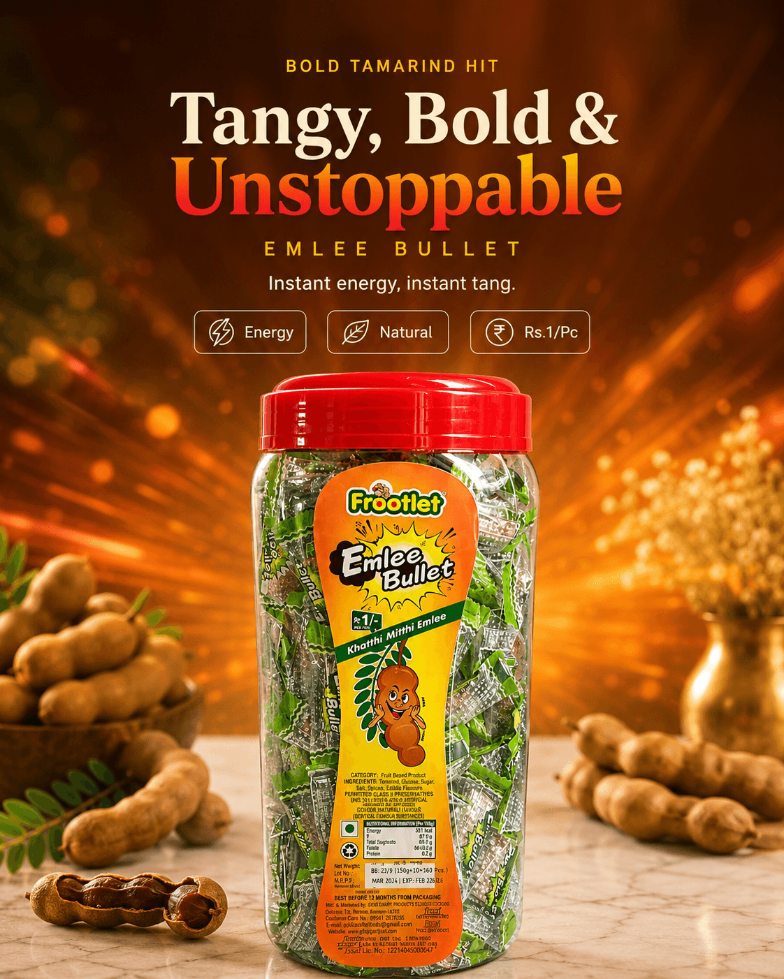 Frootlet Emlee Bullet — bold tamarind hit, instant energy